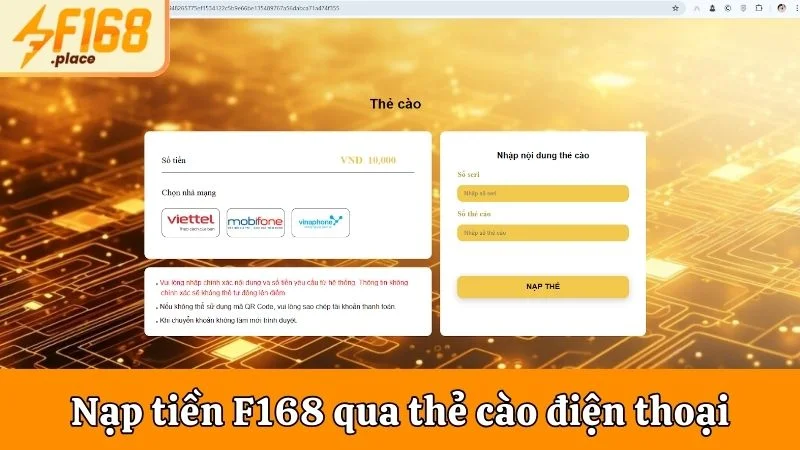 Nạp tiền F168 tiện lợi qua thẻ cào điện thoại